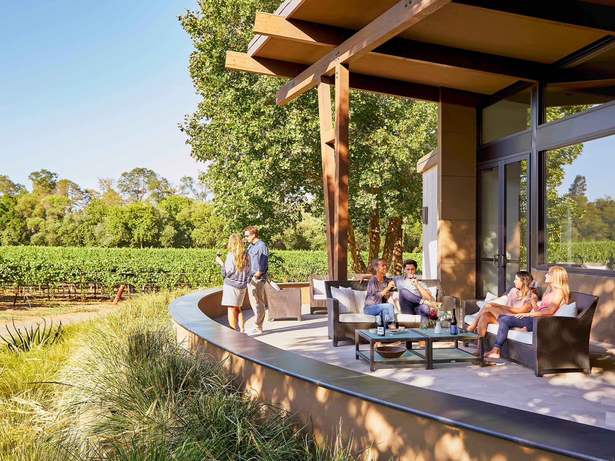 Group of people enjoying wine in the vineyards of Sonoma County