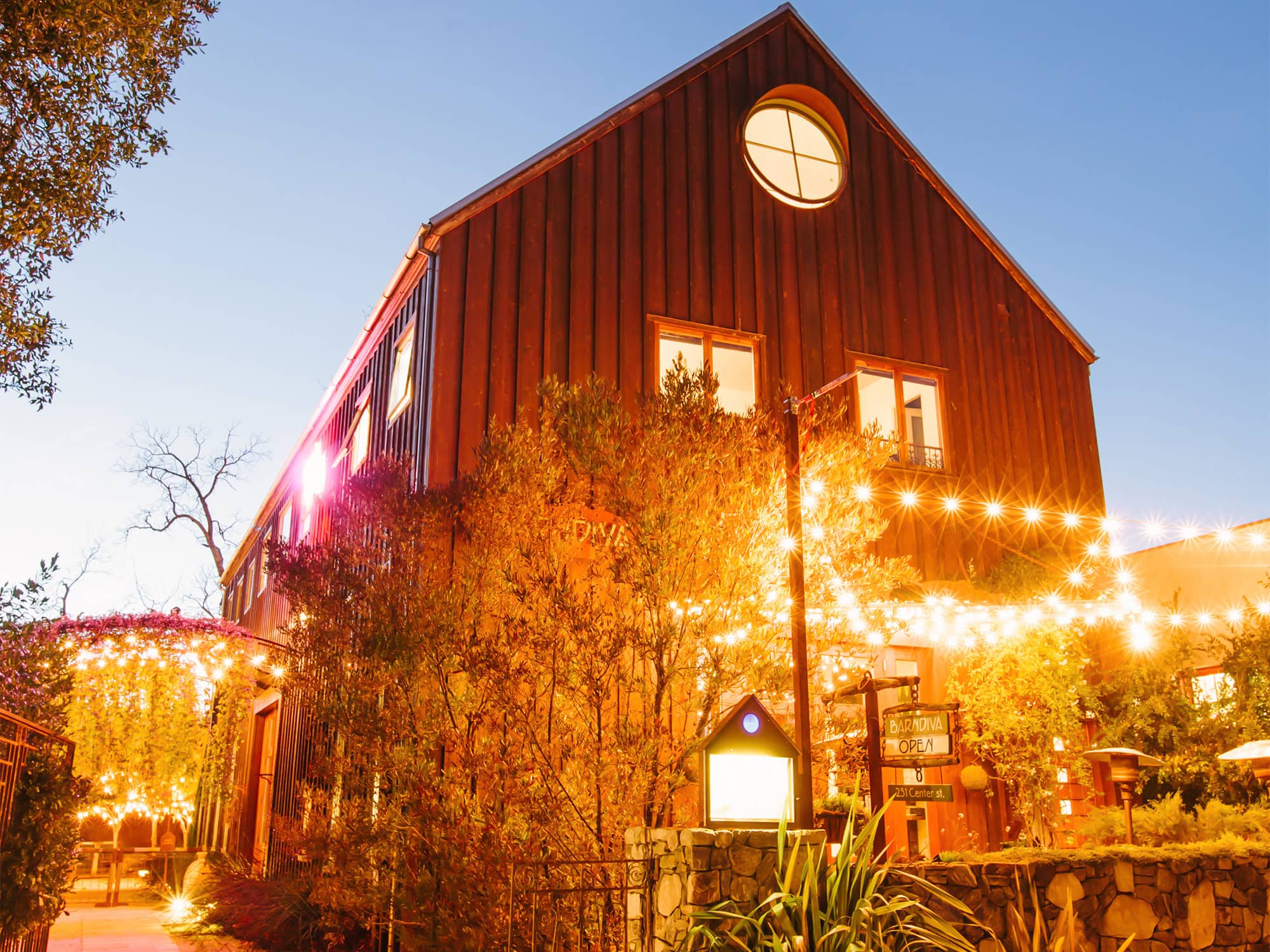 Exterior of Barndiva Restaurant in Healdsburg, California at night