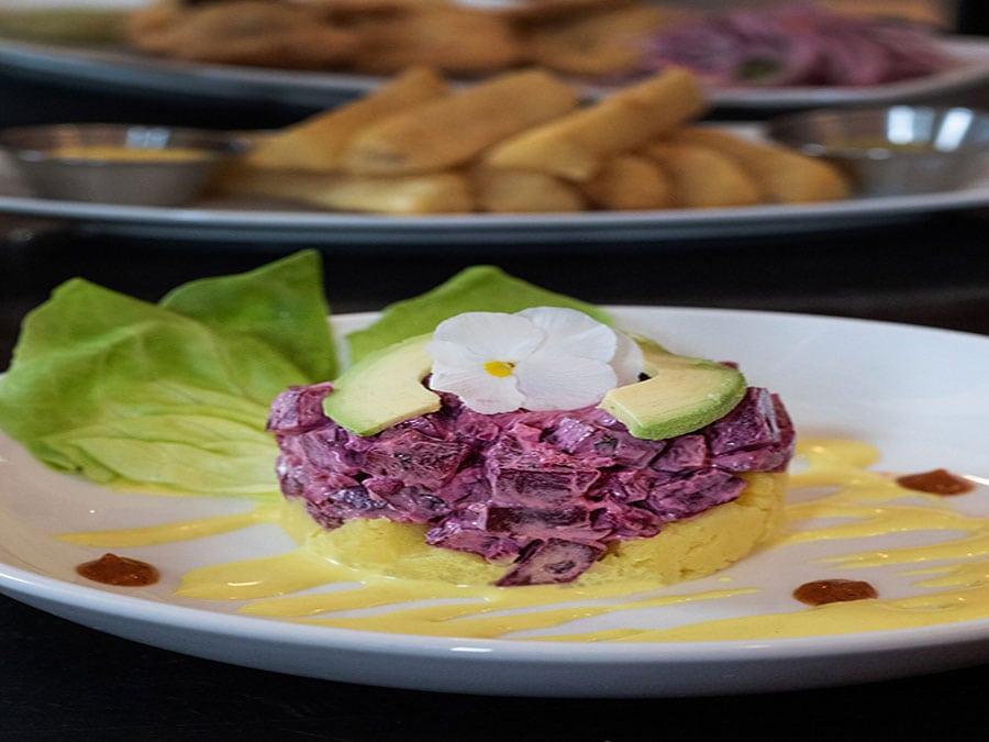 Causa Santa Rosa, $10: This take on the classic Causa De Pollo. Tart pickled beets in ginger, lime and cilantro sauce sit atop a cake of aji amarillo spiked mashed potatoes. Both beautiful and addictive. 