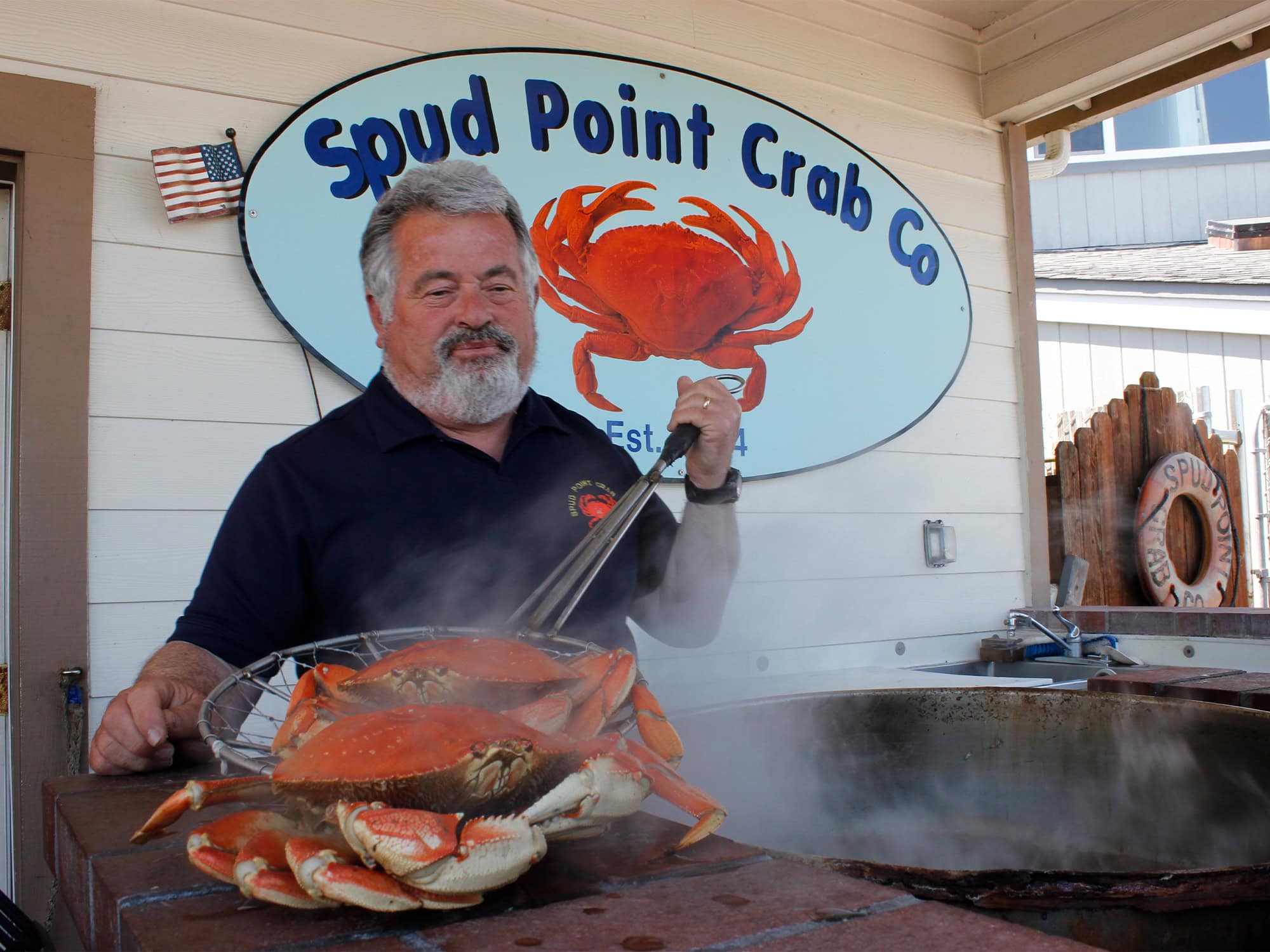 A person cooks crabs in a pot