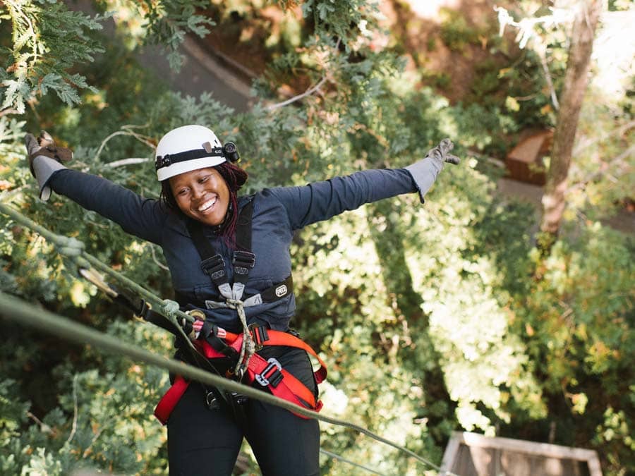 A person rappels down a redwood tree wearing a helmet and smiling