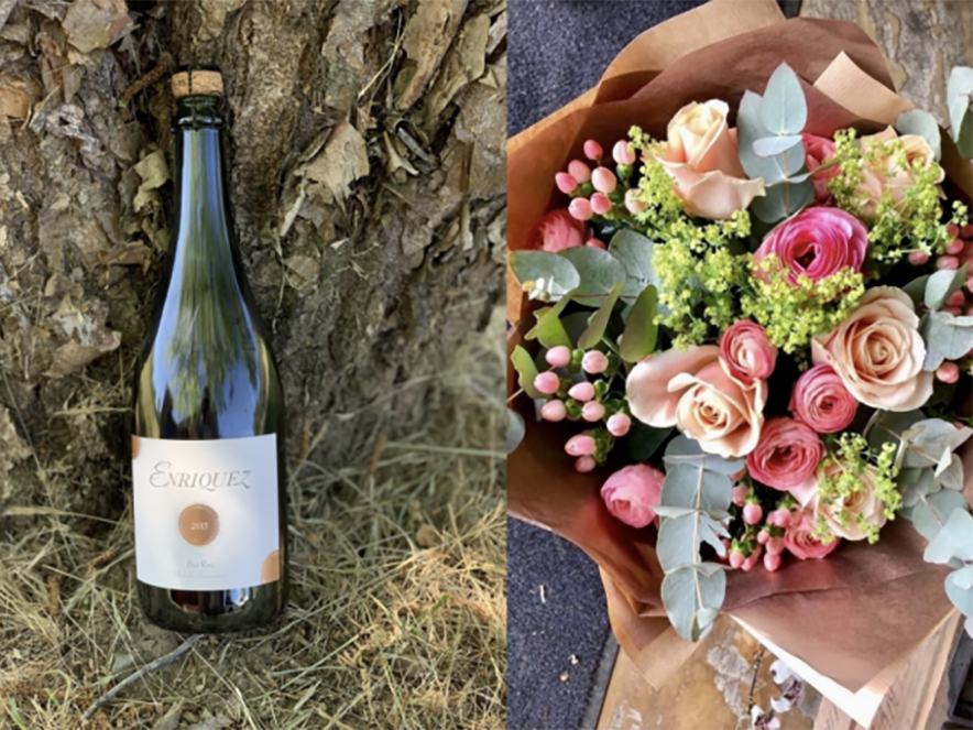 wine bottle and floral bouquet