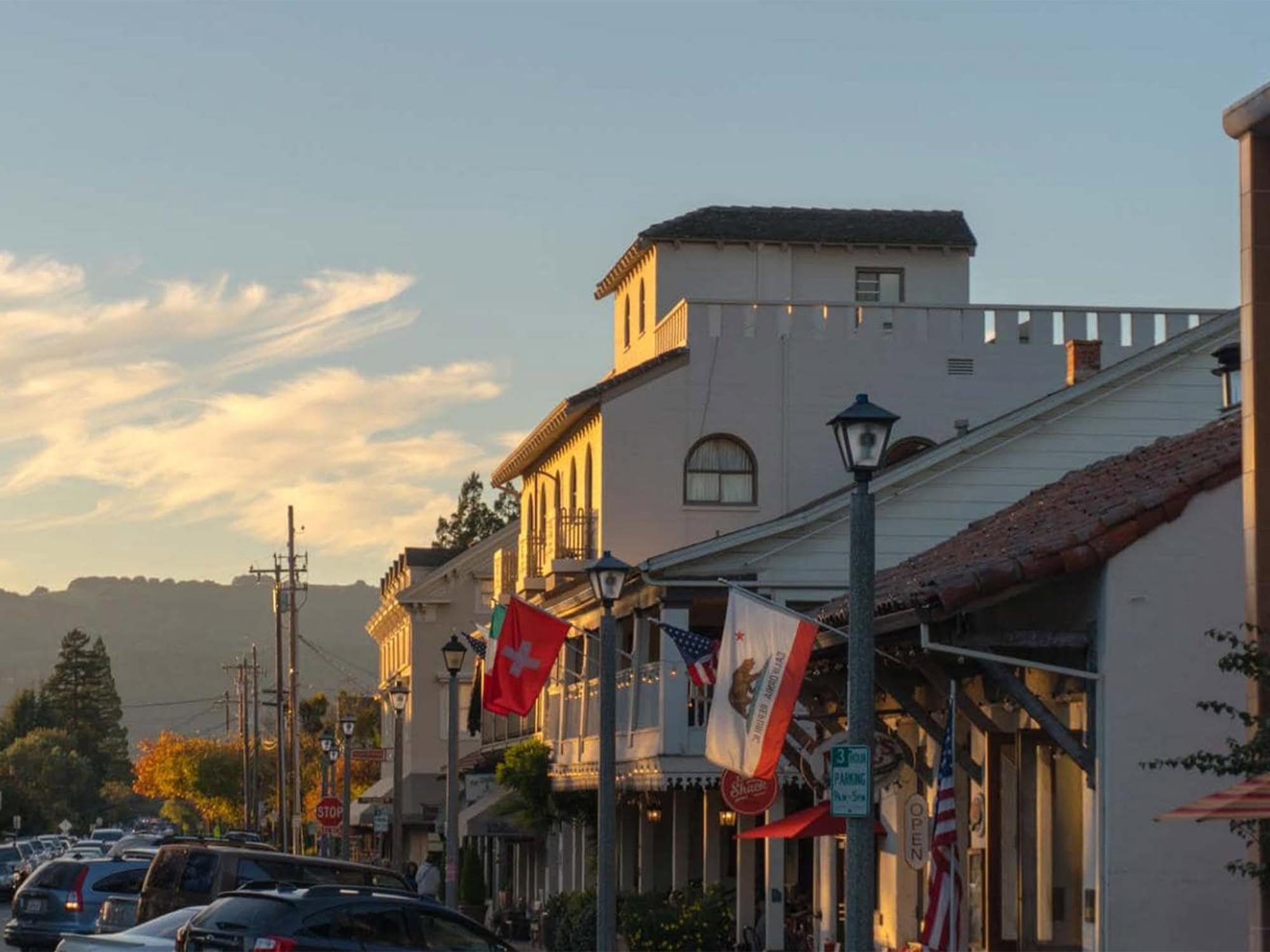 evening sunset along buildings in downtown sonoma