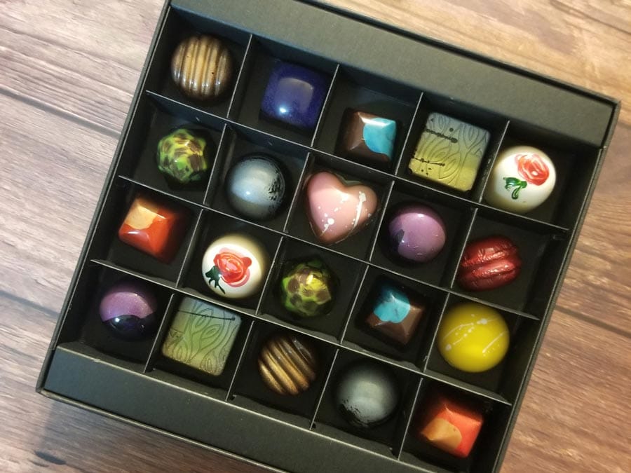 A box of colorful chocolates