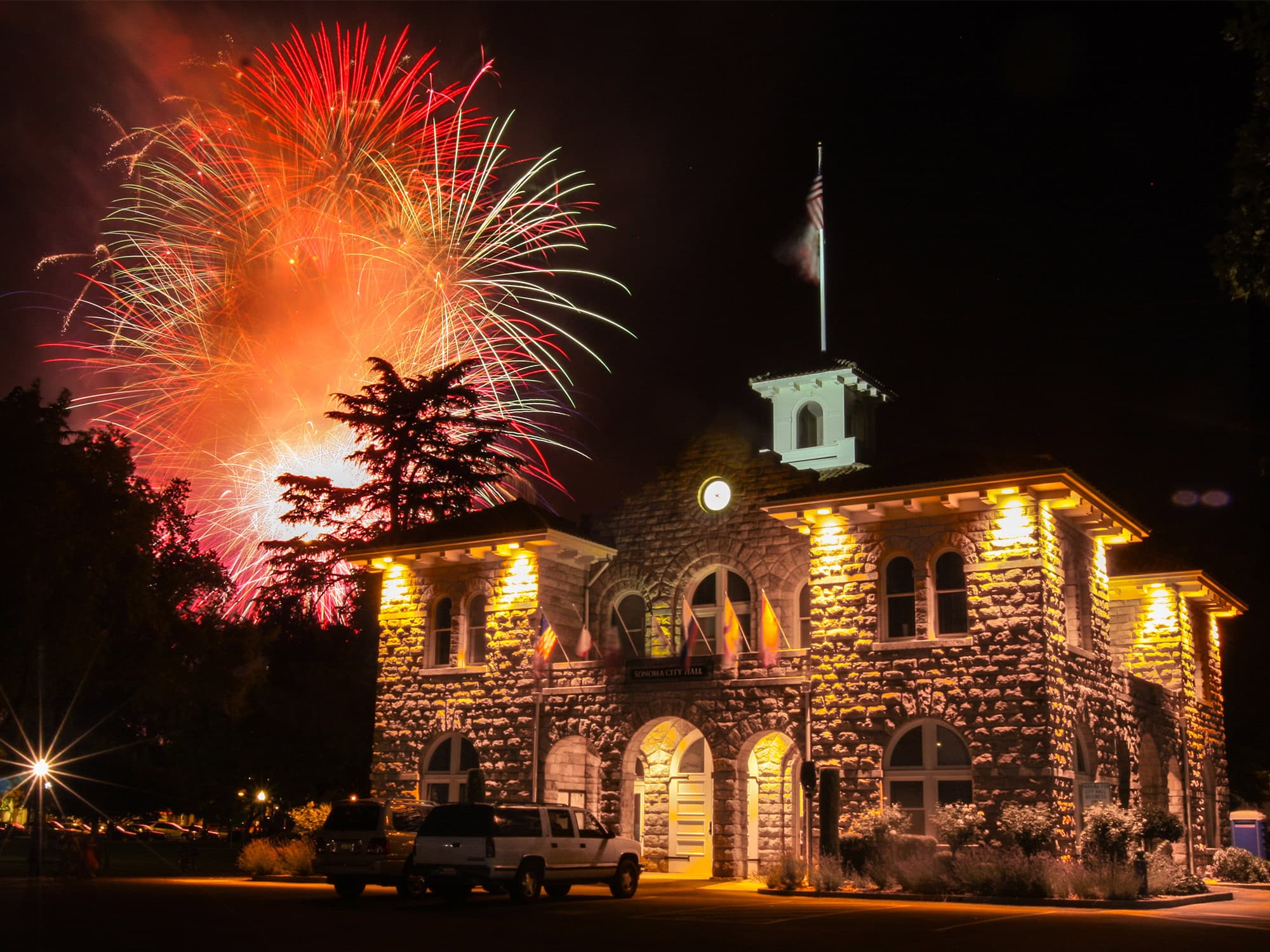 Fireworks above Sonoma City Hall in Sonoma County