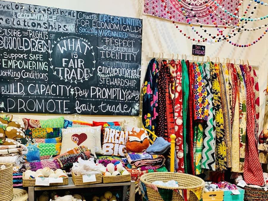 Colorful fair trade textiles and baskets at Global Heart in Sonoma, California