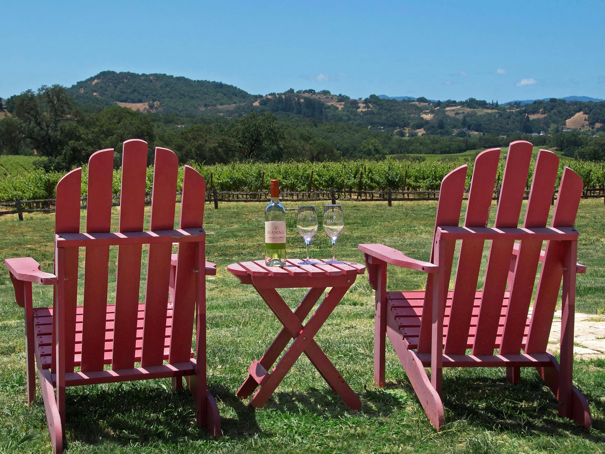 2 red lawn chairs set up sitting outside looking out at the vineyard with a bottle of white wine