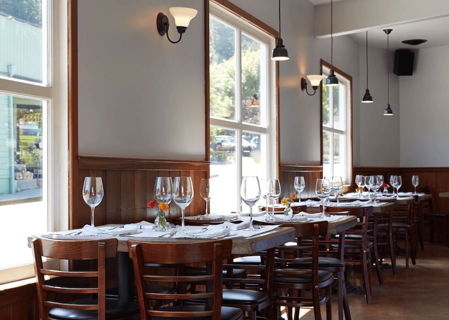 Bright, airy interior of Hazel Restaurant in Occidental, California 