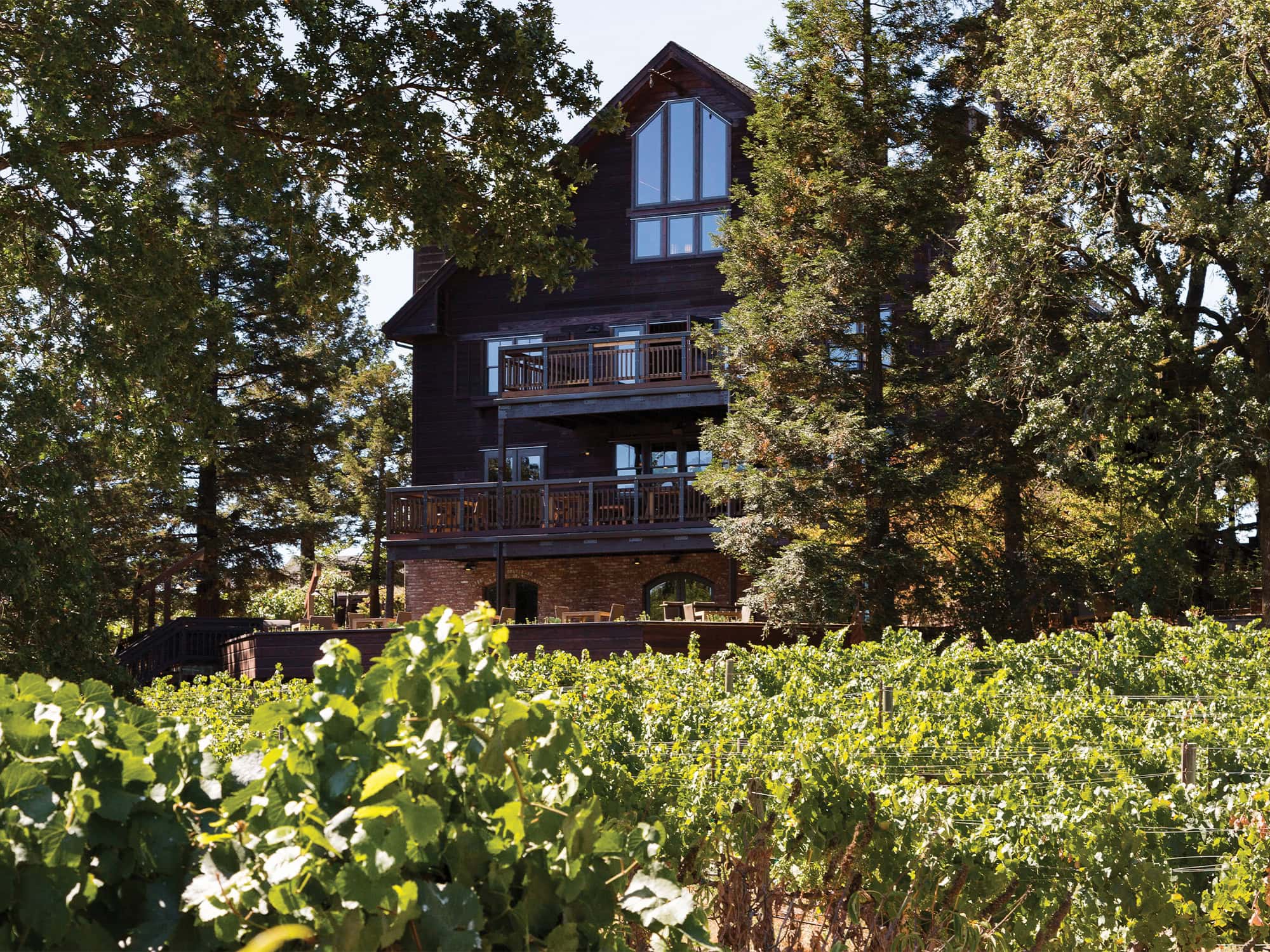 The rustic, wooden tasting barn is next to vineyards and trees