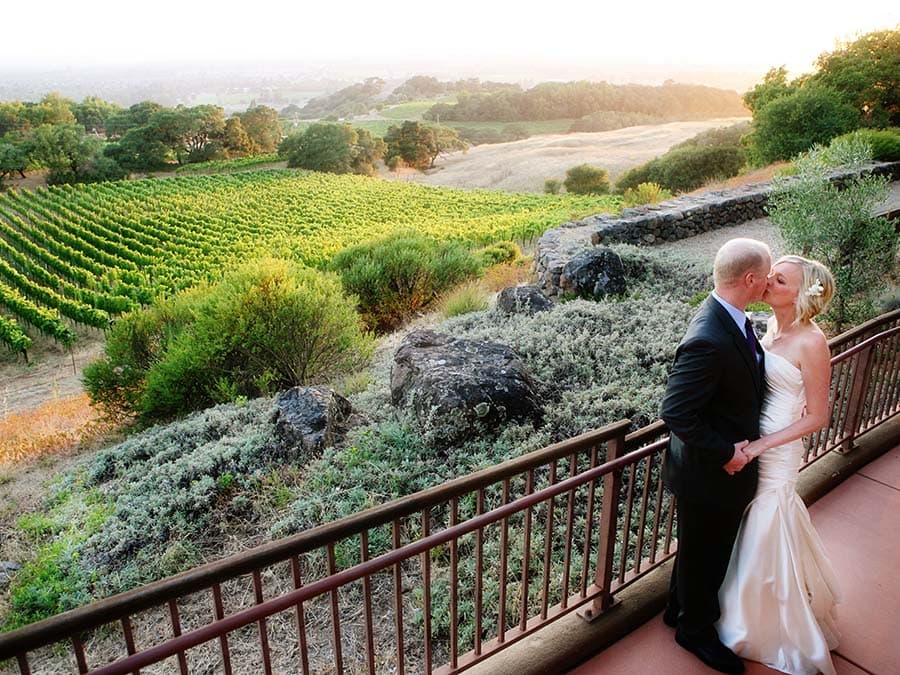 bridge and groom on deck overlooking green landscape