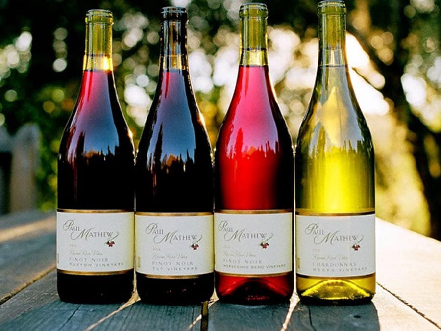 Four bottles of wine lined up on a picnic table