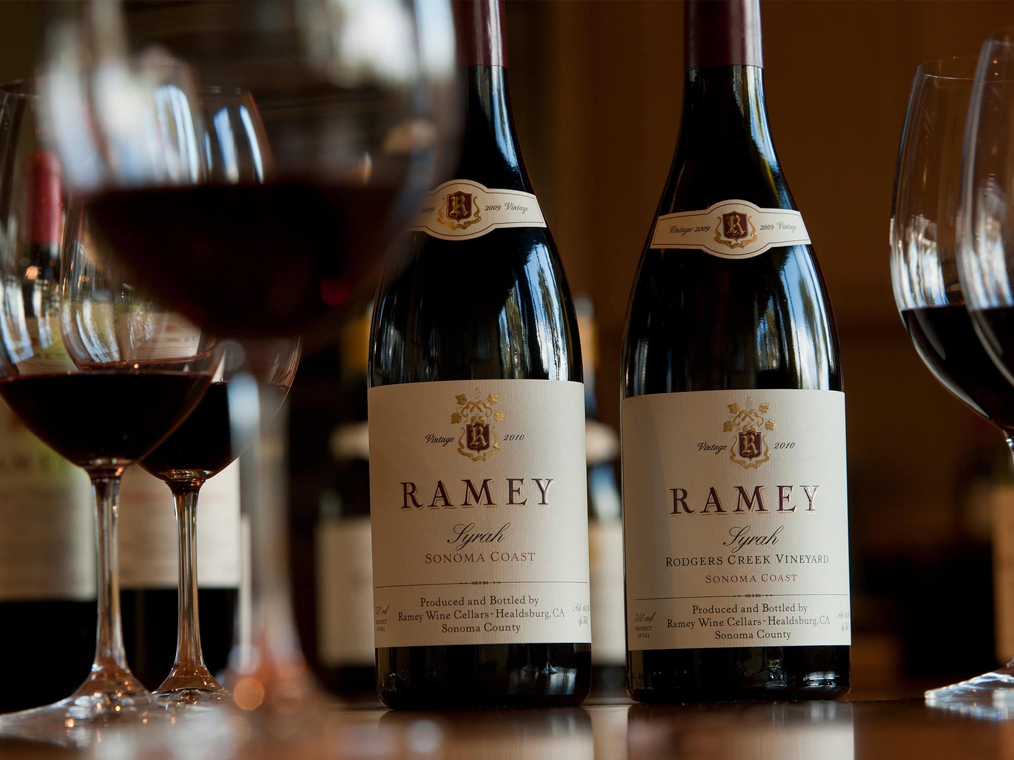 bottle and glasses of syrah from ramey wine cellars