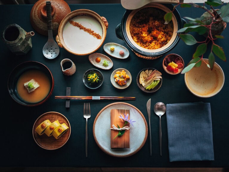 Table of food at SingleThread Farm Restaurant in Healdsburg, Ca