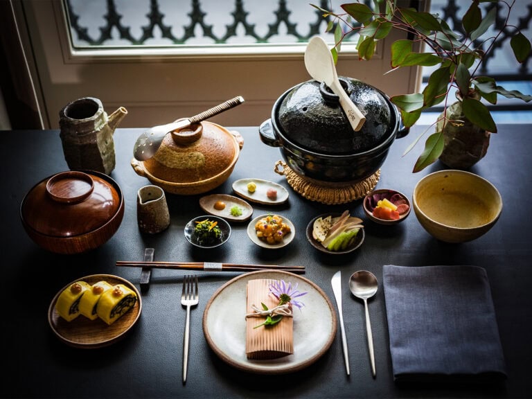 Table of food at SingleThread Farm Restaurant in Healdsburg, Ca