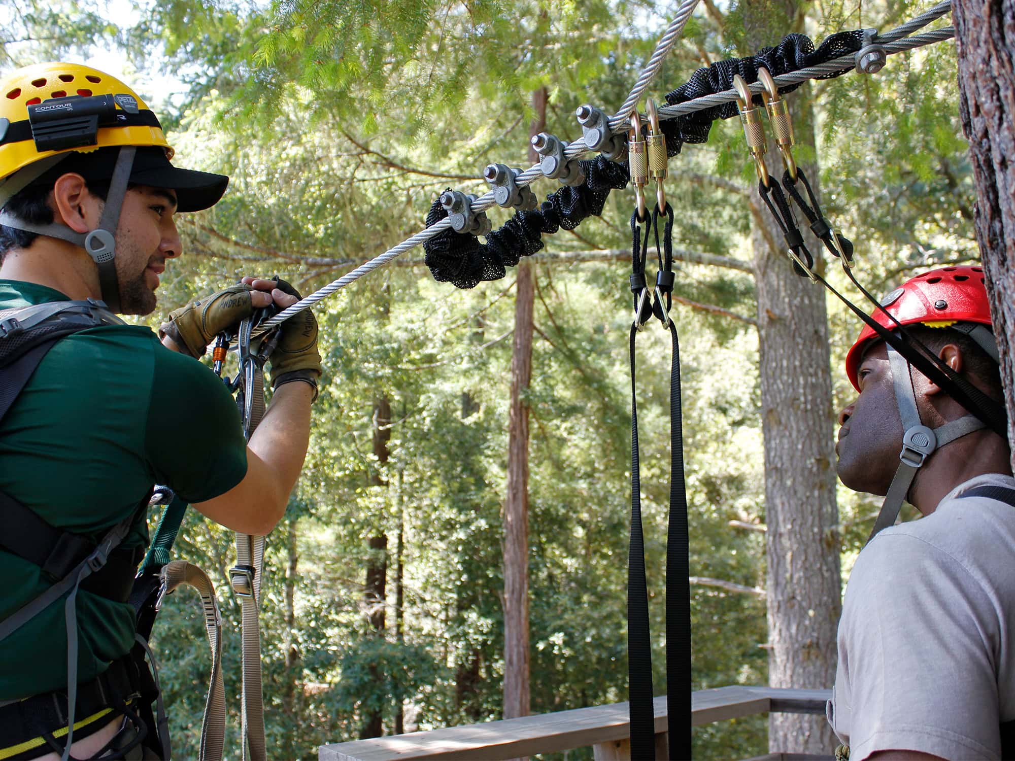 Two people are ready to zipline through trees