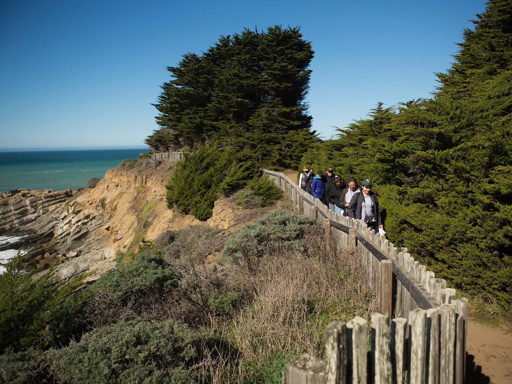 People hike down a coastal trail on a sunny day right along the Pacific Ocean