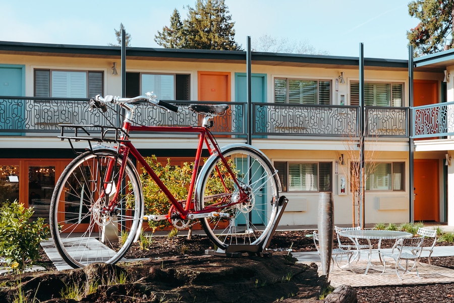 Bicycle sculpture in front of The Astro Motel in Santa Rosa 