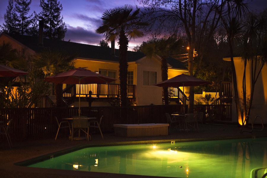 Nighttime beside the pool at Boon Hotel + Spa in Guerneveille, California 