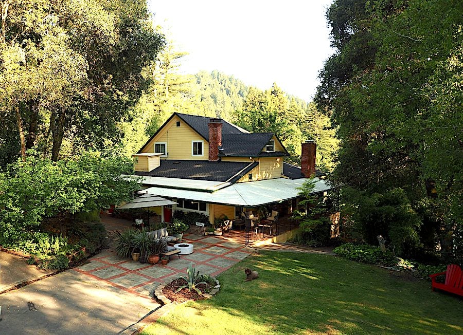 Aerial view of the inn and wooded grounds of Mine + Farm, an inn in Guerneville