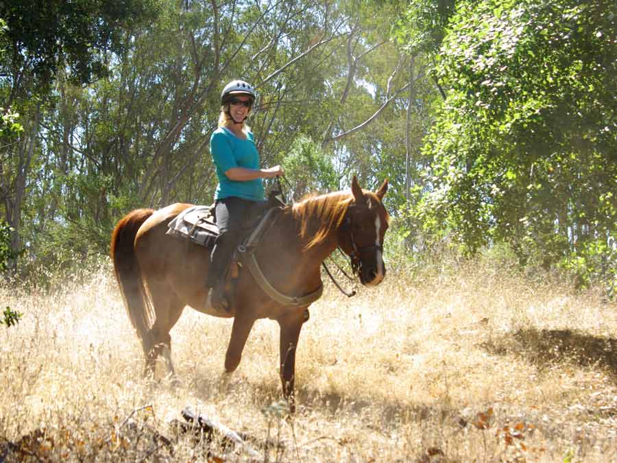 A person smiles while riding a horse through a park