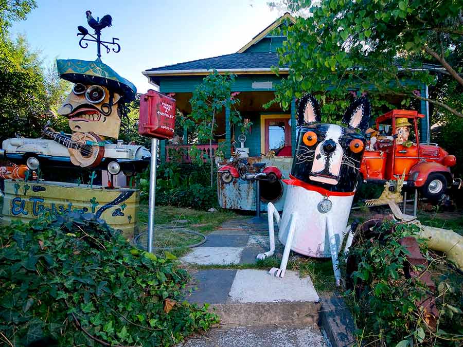 Sculptures made out of junk by Patrick Amiot line Florence Avenue in Sebastopol