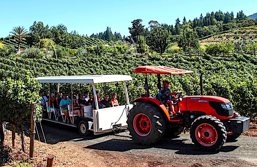 Tractor-pulled tram tour of the vineyards at Benziger Family Winery