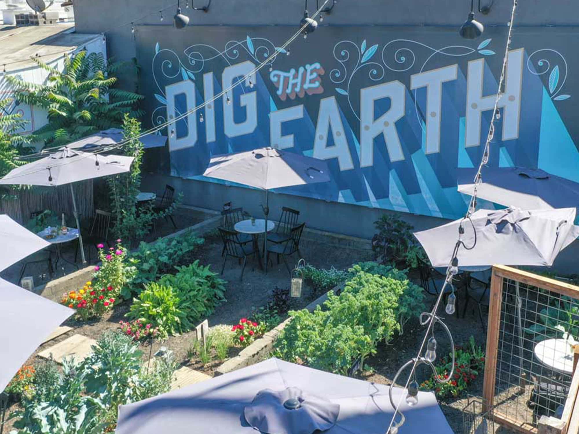 A mural on the side of the building surrounding the patio says "Dig the Earth."