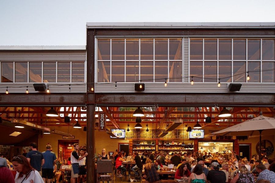 Brewster's Beer Garden patio at dusk