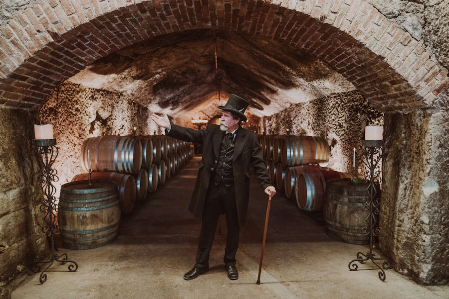 A costumed "Count Haraszthy" leads tours of Buena Vista Winery