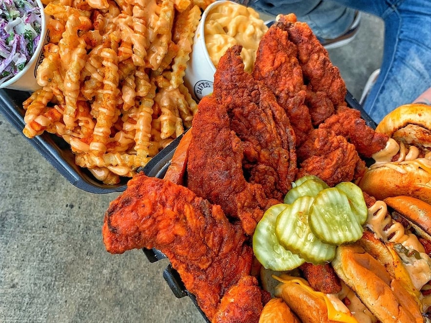 Fries, fried chicken, and pickles from Dave's Hot Chicken 