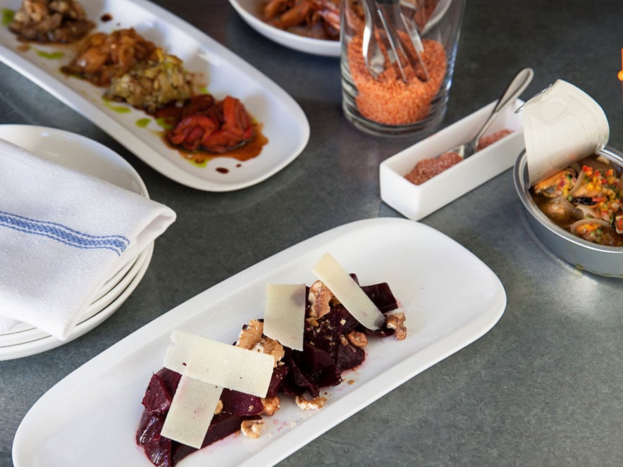 A table set with a varied of tapas at Bravas Bar de Tapas, Healdsburg