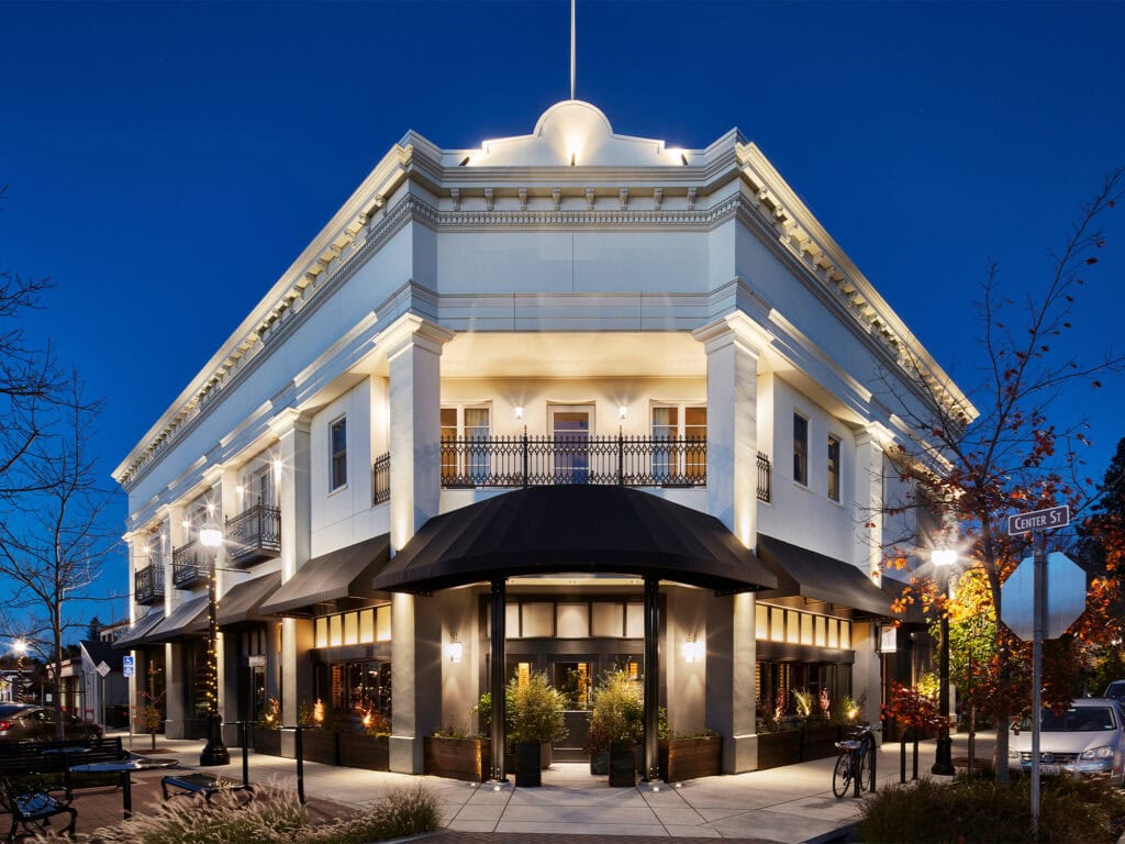 The exterior at night of SingleThread Farms Restaurant & Inn, Healdsburg