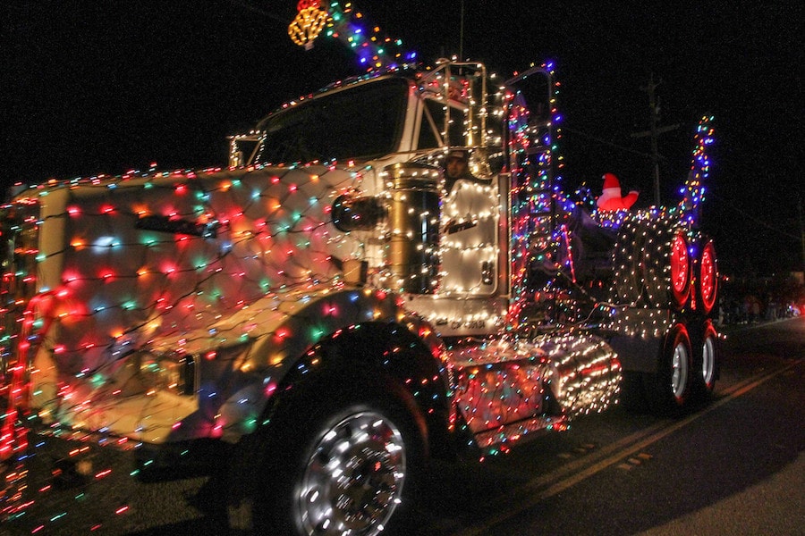 Truck decorated in lights takes part in the lighted tracktor parade in Geyserville, CA 