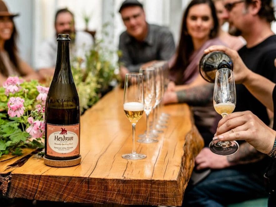 Group of people sitting at a table, pouring mead from Heidrun Meadery