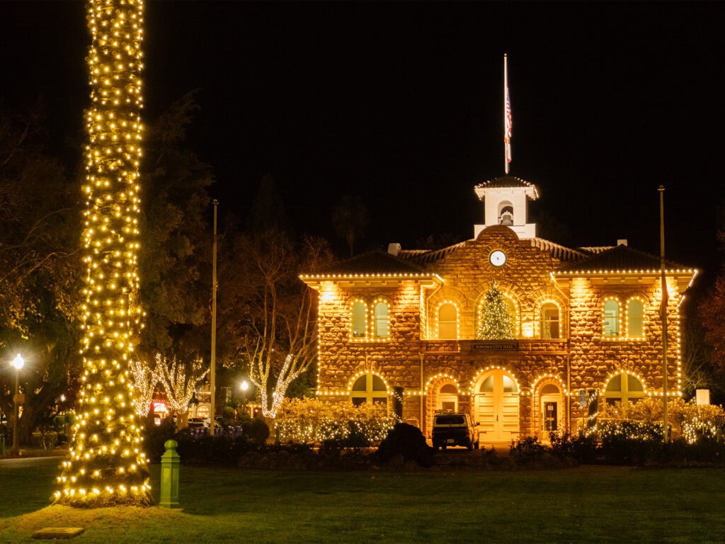 City Hall and the palm tree in front are decorated with lights in Sonoma