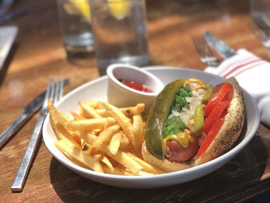 Image of chicago hot dog from Palooza Brewery and Gastropub in Kenwood, California. 