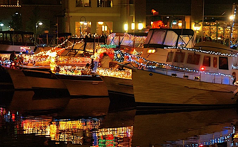 Boats lit up with holiday lights