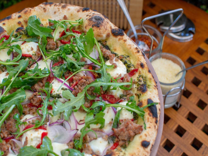 Arugula topped pizza from Pizzando in Healdsburg, California