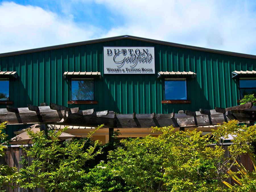 The exterior of the winery has a large sig with the winery name in Sonoma County