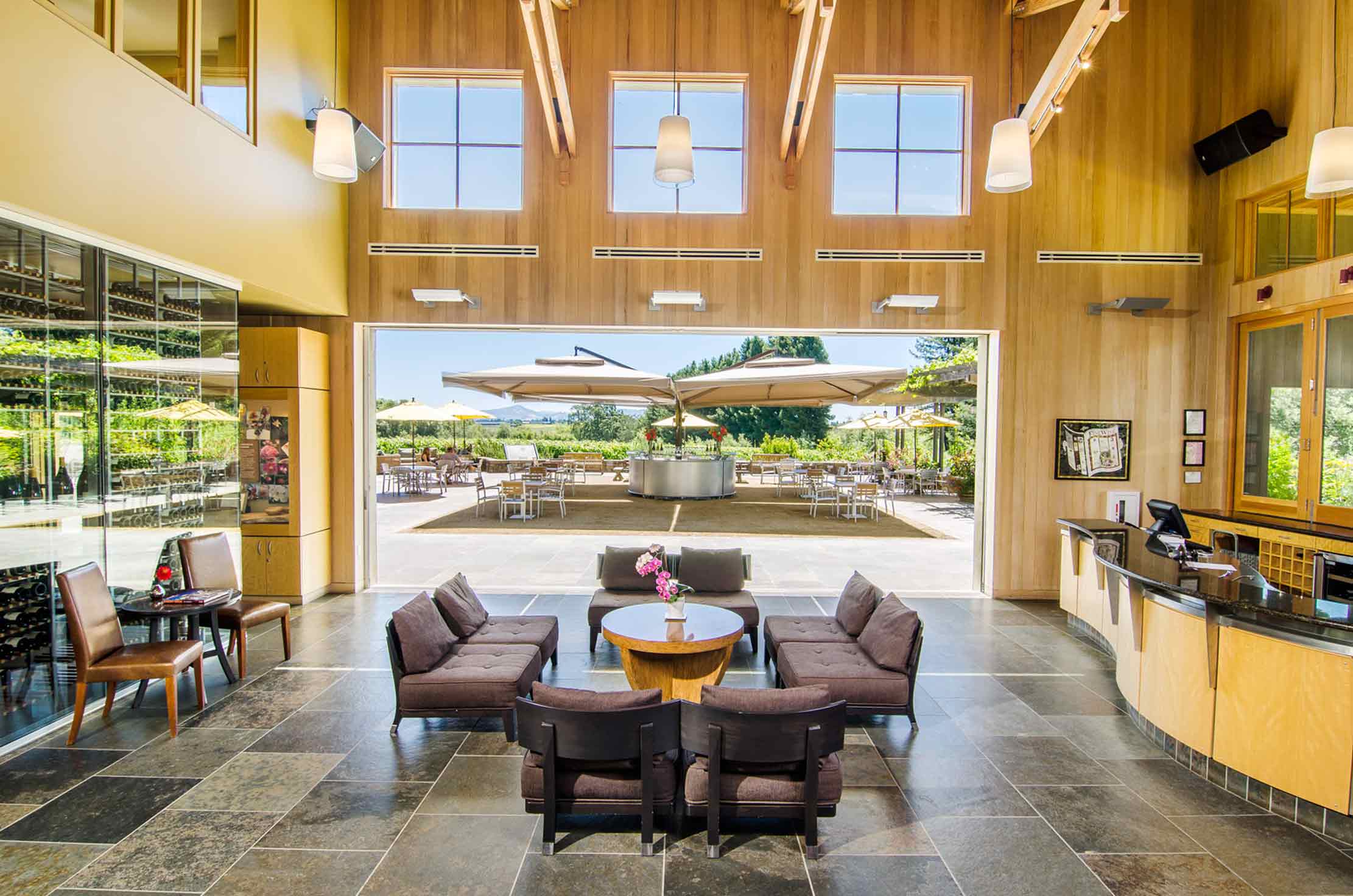 Modern looking tasting room at Lynmar estate in Sonoma County