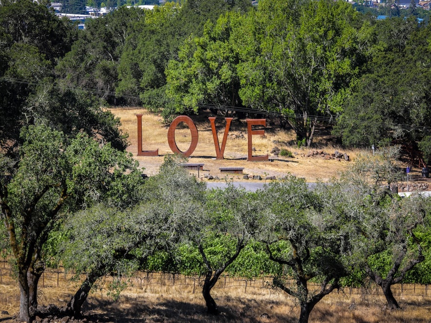 Red "LOVE" sculpture outside Paradise Ridge Winery 