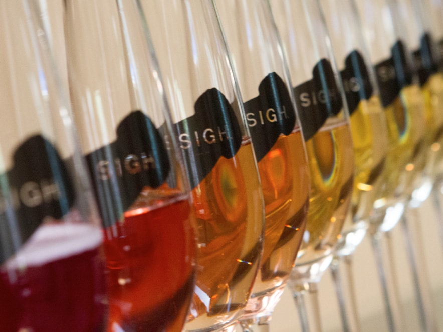 wine glasses lined up at Sigh in Sonoma County