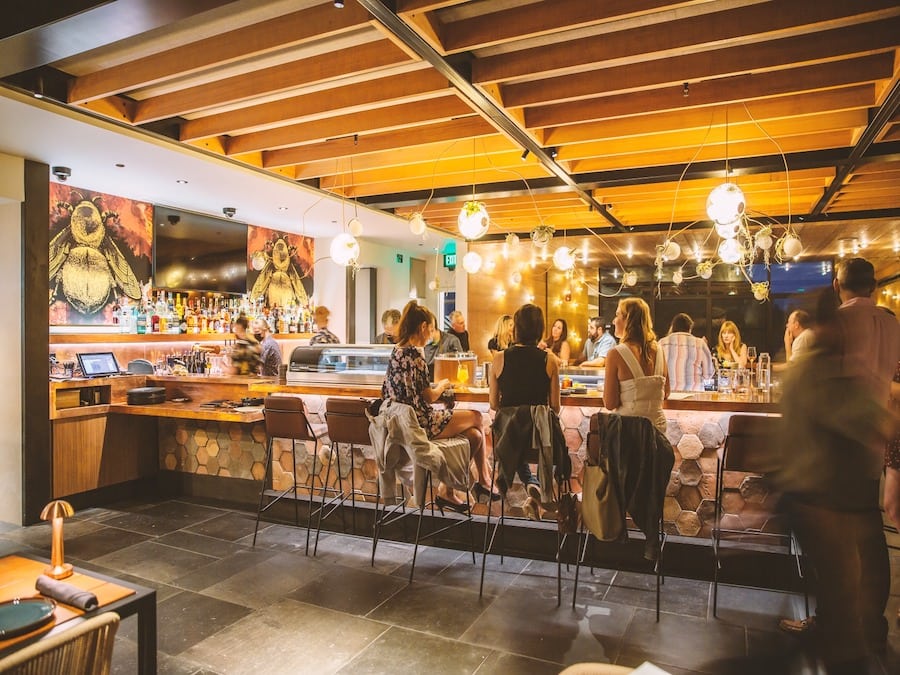 Interior bar area at The Matheson Healdsburg at night