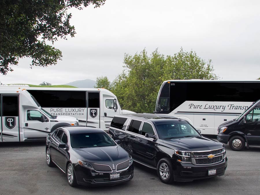 A fleet of different vehicles for hire with Pure Luxury Transportation, Sonoma County