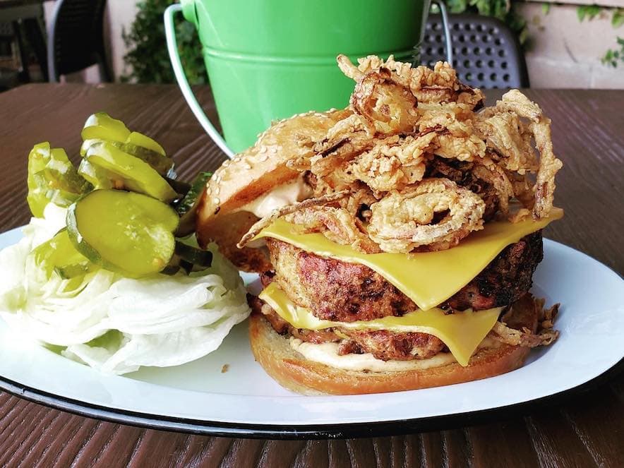 Calamari topped burger at Zoftig Eatery in Santa Rosa