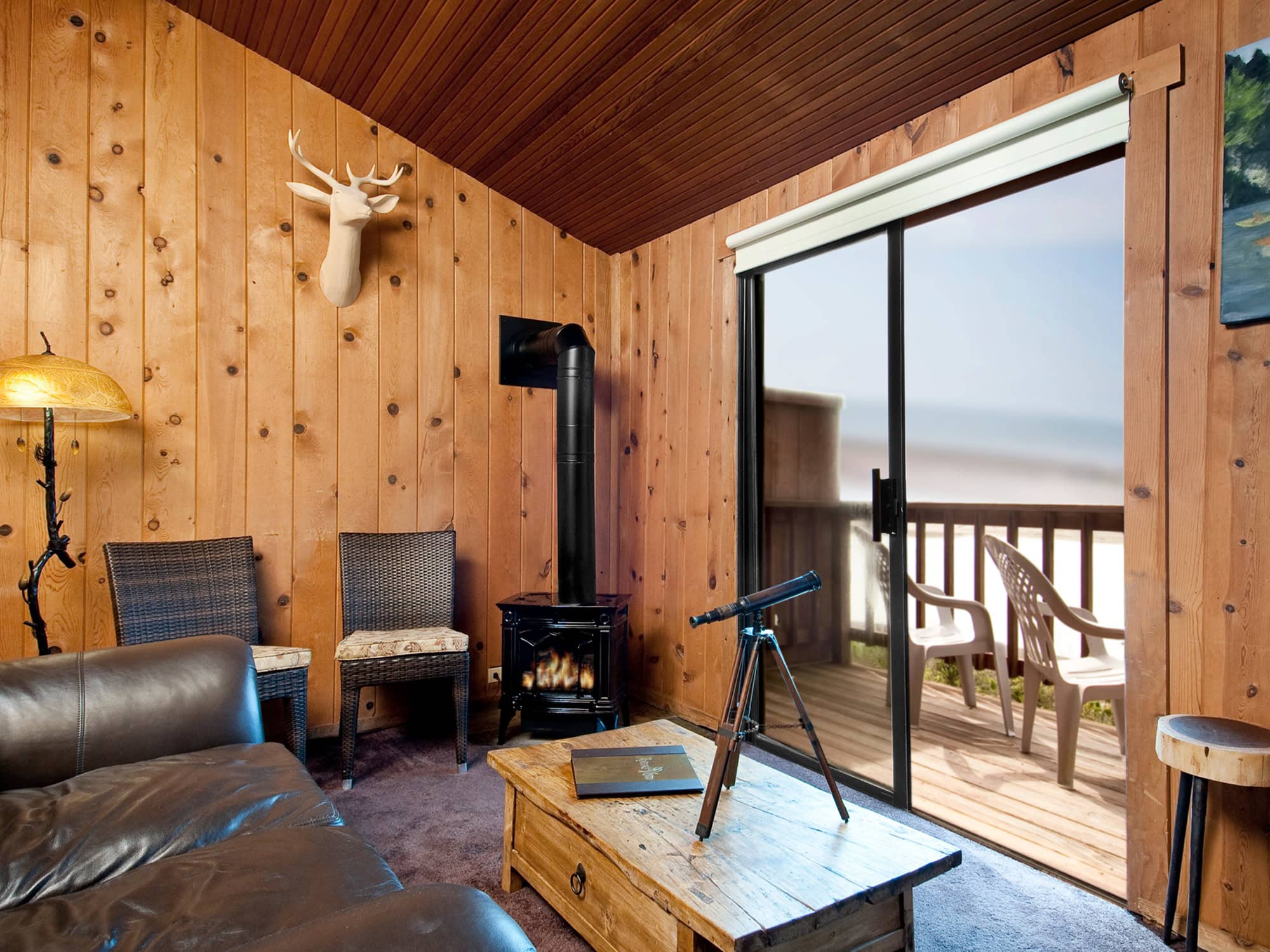 Wooden paneling on a coastal room at River's End Restaurant & Inn in Jenner, Sonoma County