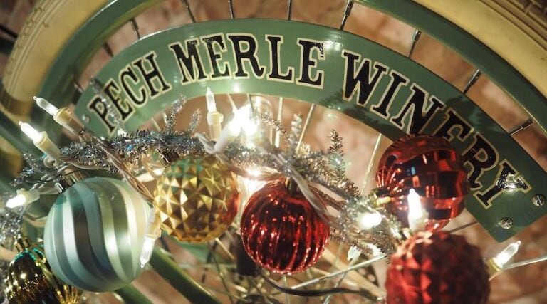 Christmas tinsel and ornaments at Peche Merle Winery in Geyserville