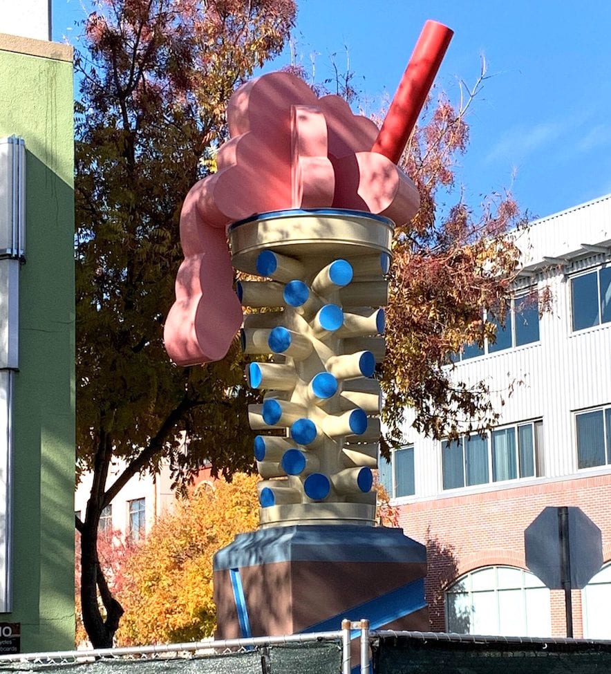 Patrons of Petaluma’s Boulevard Cinemas can’t miss this whimsical abstract statue, “Cherry Soda,” by sculptor Robert Ellison
