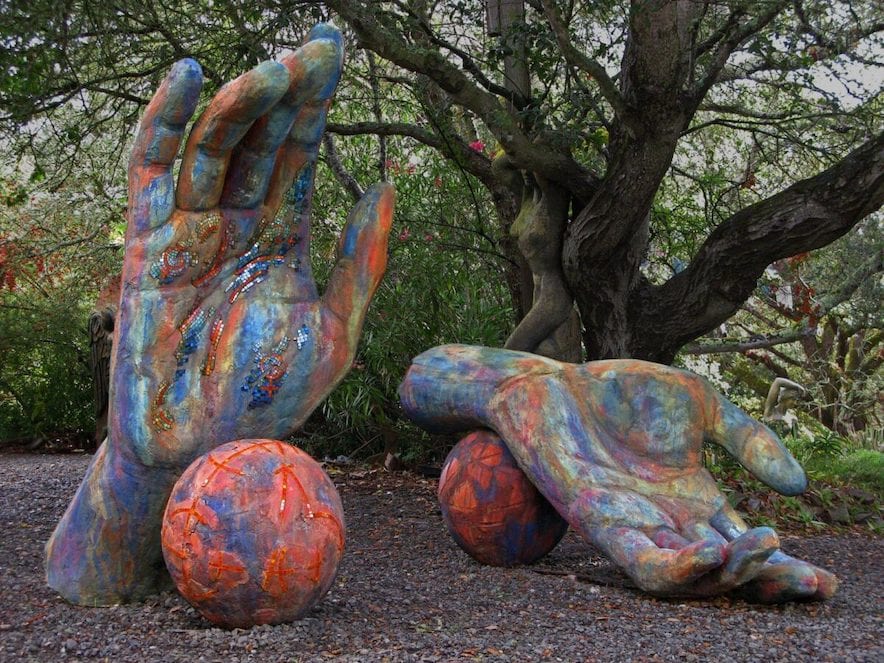 The Hands & Balls sculpture has been a part of the Sculpture Trail in Cloverdale and Geyserville, and was installed in front of Lagunitas in Petaluma in 2012—Photo by Peter Crompton