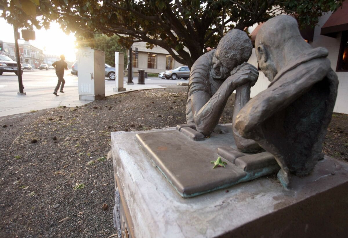 The Bill Soberanes wrist wrestling stature at the corner of East Washington and Petaluma Blvd. North—Photo by Scott Manchester